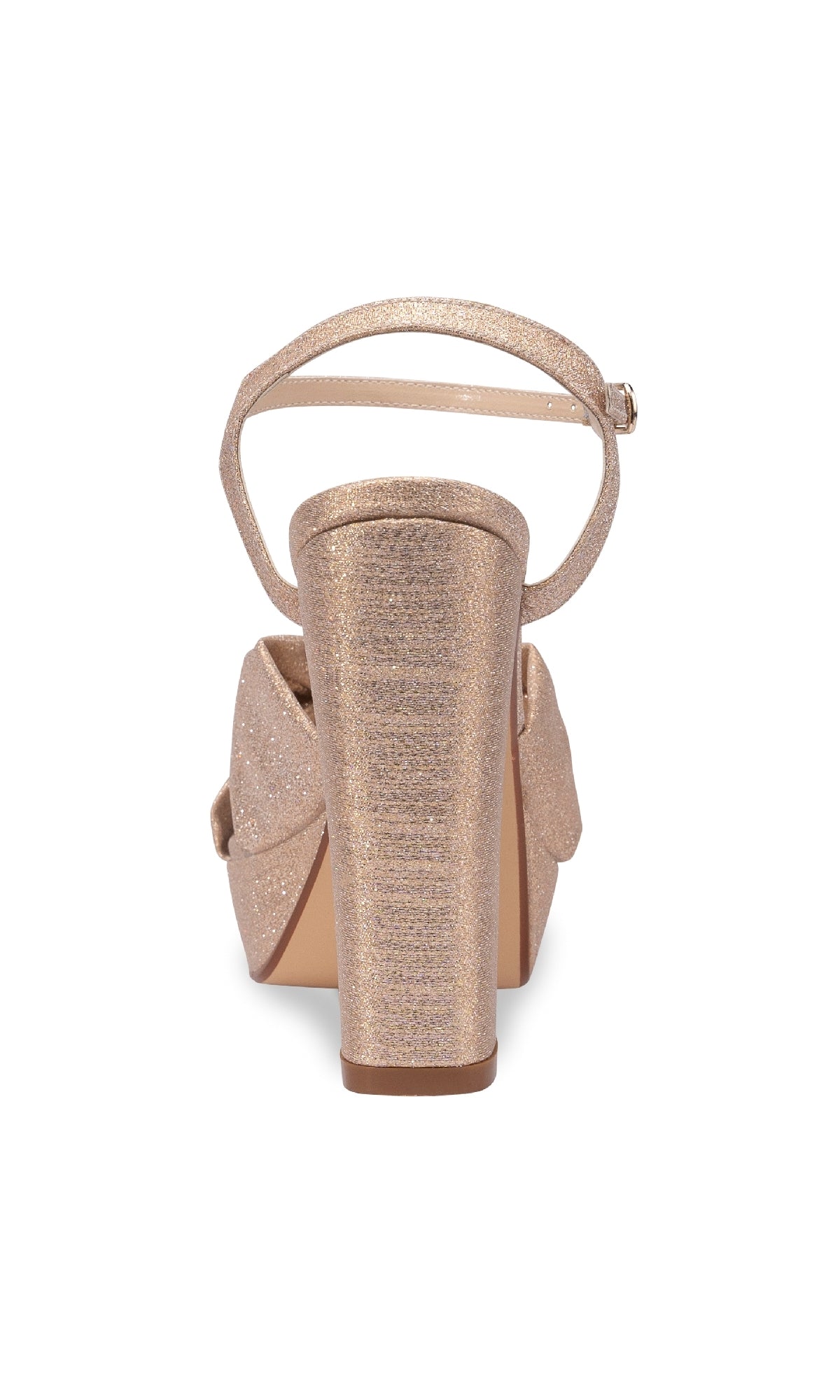Rear view of the Sailor Champagne Shimmer Shoes: Touch Ups 4662—a single high-heel gold glittery sandal with ankle strap and chunky heel, sparkling against a white background—ideal as dazzling prom shoes.